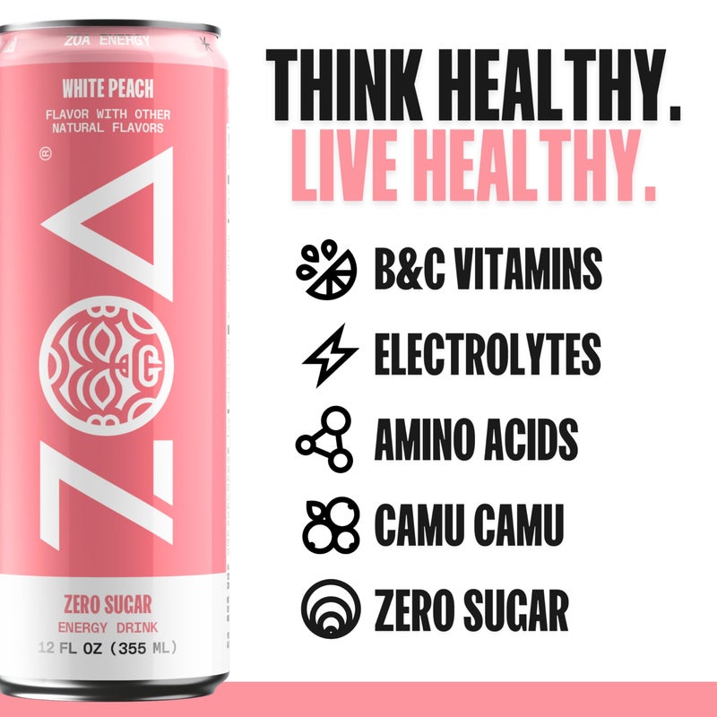 ZOA Zero Sugar Energy Drinks, White Peach - Sugar Free with Electrolytes, Healthy Vitamin C, Amino Acids, Essential B-Vitamins, and Caffeine from Green Tea - 12 Fl Oz (12-Pack) - Image 2